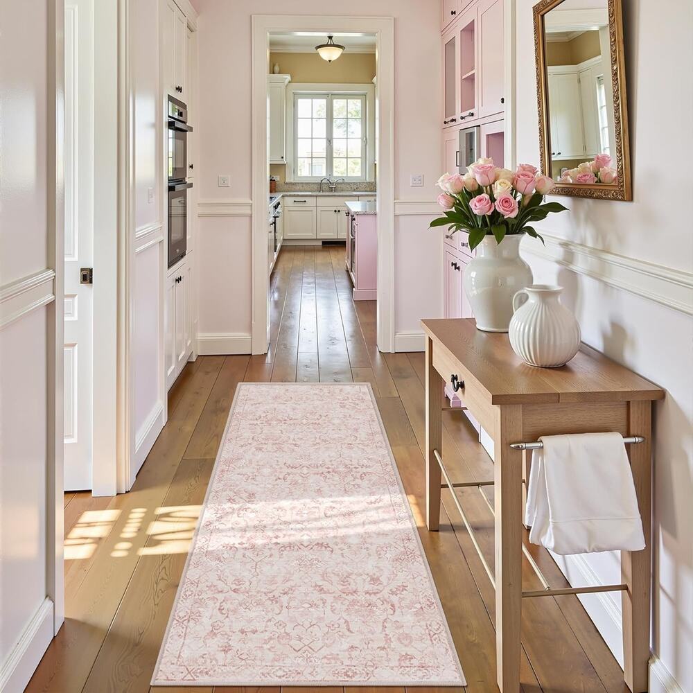 Pink 2x6 Runner Rug for Hallways Bed Side Kitchen, Boho Washable Distressed Low- - Picture 3 of 6